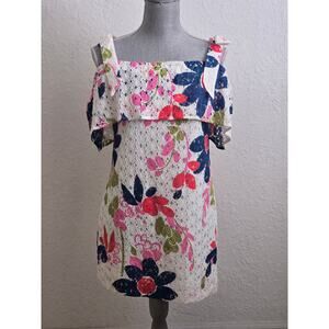 Trina Turk Floral Lace Cold Shoulder Dress XS White Pink Summer Vacation Beach